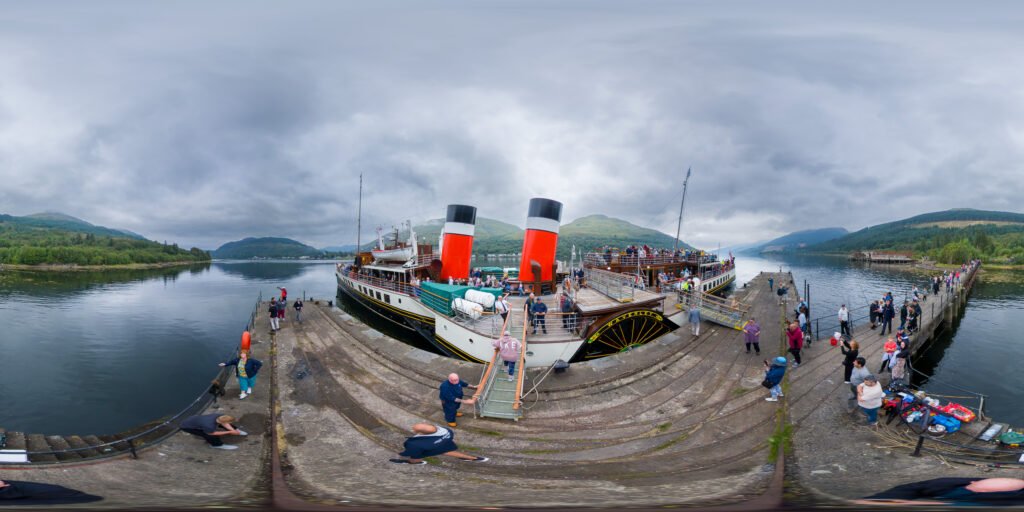 Panorama of PS Waverley tied up at Ardnagal Pier in Loch Long